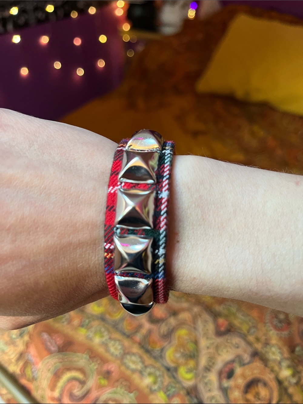Goth Punk red plaid pyramid studded bracelet cuff